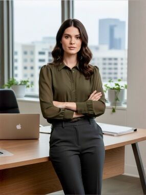 New York & Company Olive Green Shirt with Label Detail